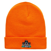 Moai Landmark Embroidered 12 Inch Long Knitted Beanie - Orange OSFM