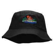 Vacation Scene Embroidered Pigment Dyed Bucket Hat - Black OSFM