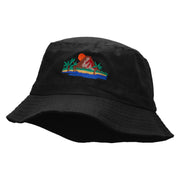 Vacation Scene Embroidered Pigment Dyed Bucket Hat - Black OSFM