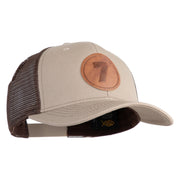 Number 7 Faux Leather Patched Premium Mesh Trucker Cap - Brown Khaki OSFM