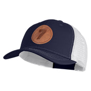 Number 7 Faux Leather Patched Premium Mesh Trucker Cap - Navy White OSFM