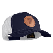 Number 7 Faux Leather Patched Premium Mesh Trucker Cap - Navy White OSFM