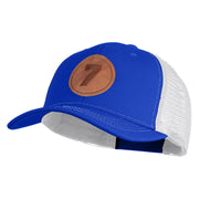 Number 7 Faux Leather Patched Premium Mesh Trucker Cap - Royal White OSFM