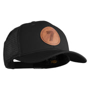 Number 7 Faux Leather Patched Premium Mesh Trucker Cap - Black Black OSFM