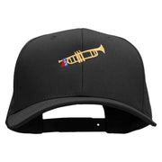 Trumpet with Flag Ribbon Embroidered Unconstructed High Profile Cotton Flat Bill Cap - Black OSFM