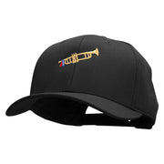 Trumpet with Flag Ribbon Embroidered Unconstructed High Profile Cotton Flat Bill Cap - Black OSFM