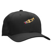 Trumpet with Flag Ribbon Embroidered Unconstructed High Profile Cotton Flat Bill Cap - Black OSFM