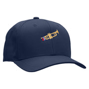 Trumpet with Flag Ribbon Embroidered Unconstructed High Profile Cotton Flat Bill Cap - Navy OSFM