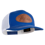 Aces Faux Leather Patched Premium Mesh Trucker Cap - Royal White OSFM