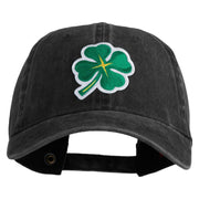 Four Leaf Clover Patched Washed Solid Pigment Dyed Cotton Twill Brass Buckle Cap - Black OSFM