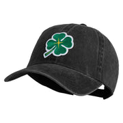 Four Leaf Clover Patched Washed Solid Pigment Dyed Cotton Twill Brass Buckle Cap - Black OSFM