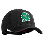 Four Leaf Clover Patched Washed Solid Pigment Dyed Cotton Twill Brass Buckle Cap - Black OSFM