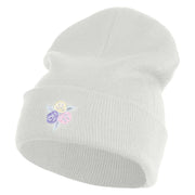 Pastel Rose Bud Cluster Iron on Patched 12 Inch Long Knitted Beanie - White OSFM
