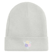 Pastel Rose Bud Cluster Iron on Patched 12 Inch Long Knitted Beanie - White OSFM