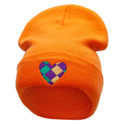 Mardi Heart Embroidered 12 Inch Long Knitted Beanie - Orange OSFM