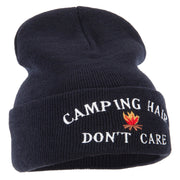 Camping Hair Don't Care with Fire Embroidered 12 Inch Long Knitted Beanie