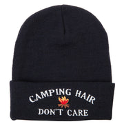 Camping Hair Don't Care with Fire Embroidered 12 Inch Long Knitted Beanie