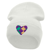 Mardi Heart Embroidered 12 Inch Long Knitted Beanie - White OSFM