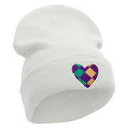 Mardi Heart Embroidered 12 Inch Long Knitted Beanie - White OSFM