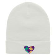 Mardi Heart Embroidered 12 Inch Long Knitted Beanie - White OSFM