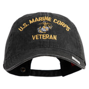 US Marine Corps Veteran Design Embroidered Washed Solid Pigment Dyed Cotton Twill Brass Buckle Cap - Black OSFM