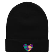 Mardi Heart Embroidered 12 Inch Long Knitted Beanie - Black OSFM