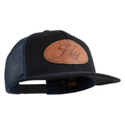 Fly Faux Leather Patched Premium Mesh Trucker Cap - Black Navy OSFM
