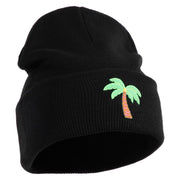 Small Palm Tree with Coconut Embroidered Patched 12 Inch Long Knitted Beanie - Black OSFM