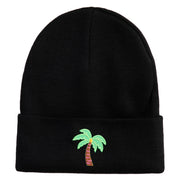 Small Palm Tree with Coconut Embroidered Patched 12 Inch Long Knitted Beanie - Black OSFM