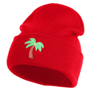 Small Palm Tree with Coconut Embroidered Patched 12 Inch Long Knitted Beanie - Red OSFM