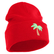 Small Palm Tree with Coconut Embroidered Patched 12 Inch Long Knitted Beanie - Red OSFM