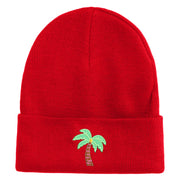 Small Palm Tree with Coconut Embroidered Patched 12 Inch Long Knitted Beanie - Red OSFM