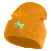 Small Palm Tree with Coconut Embroidered Patched 12 Inch Long Knitted Beanie - Camel OSFM