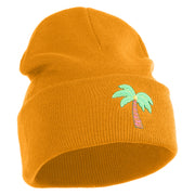 Small Palm Tree with Coconut Embroidered Patched 12 Inch Long Knitted Beanie - Camel OSFM