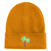 Small Palm Tree with Coconut Embroidered Patched 12 Inch Long Knitted Beanie - Camel OSFM
