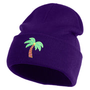 Small Palm Tree with Coconut Embroidered Patched 12 Inch Long Knitted Beanie - Purple OSFM