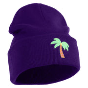 Small Palm Tree with Coconut Embroidered Patched 12 Inch Long Knitted Beanie - Purple OSFM