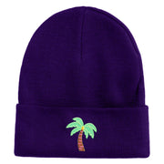 Small Palm Tree with Coconut Embroidered Patched 12 Inch Long Knitted Beanie - Purple OSFM
