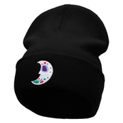 Moon De Los Muertos Embroidered 12 Inch Long Knitted Beanie - Black OSFM