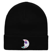 Moon De Los Muertos Embroidered 12 Inch Long Knitted Beanie - Black OSFM