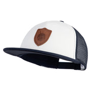 Acorn Faux Leather Patched Flat Bill Trucker Snapback Cap - White Navy OSFM