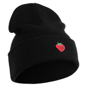 Small Strawberry Applique Iron on Patched 12 Inch Long Knitted Beanie - Black OSFM