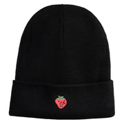 Small Strawberry Applique Iron on Patched 12 Inch Long Knitted Beanie - Black OSFM