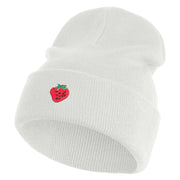 Small Strawberry Applique Iron on Patched 12 Inch Long Knitted Beanie - White OSFM
