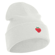 Small Strawberry Applique Iron on Patched 12 Inch Long Knitted Beanie - White OSFM