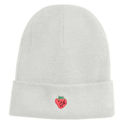 Small Strawberry Applique Iron on Patched 12 Inch Long Knitted Beanie - White OSFM