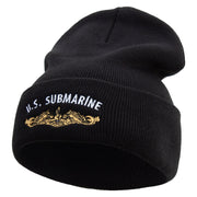 Made in USA Golden US Submarine Logo 12 Inch Solid Knit Cuff Long Beanie - Black OSFM