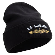 Made in USA Golden US Submarine Logo 12 Inch Solid Knit Cuff Long Beanie - Black OSFM