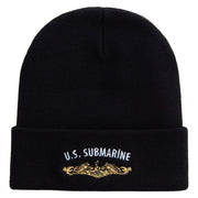 Made in USA Golden US Submarine Logo 12 Inch Solid Knit Cuff Long Beanie - Black OSFM