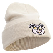 Pig Head Embroidered 12 Inch Long Knitted Beanie - Birch OSFM